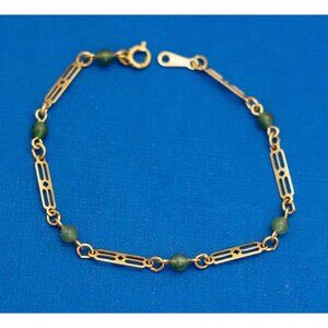7 inch, Vintage Gold Tone Green Beads Chain Link Bracelet by Avon - D11